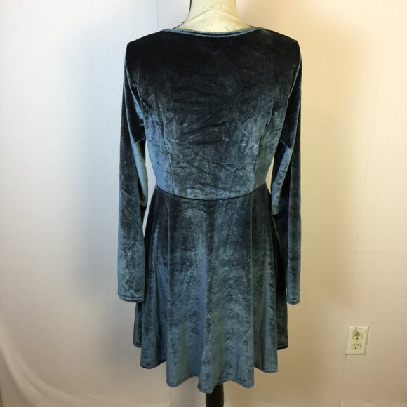 Frock Shop Fit & Flare Dress Size L Womans Gray Blue Stretch Velvet Long Sleeve - Picture 2 of 16